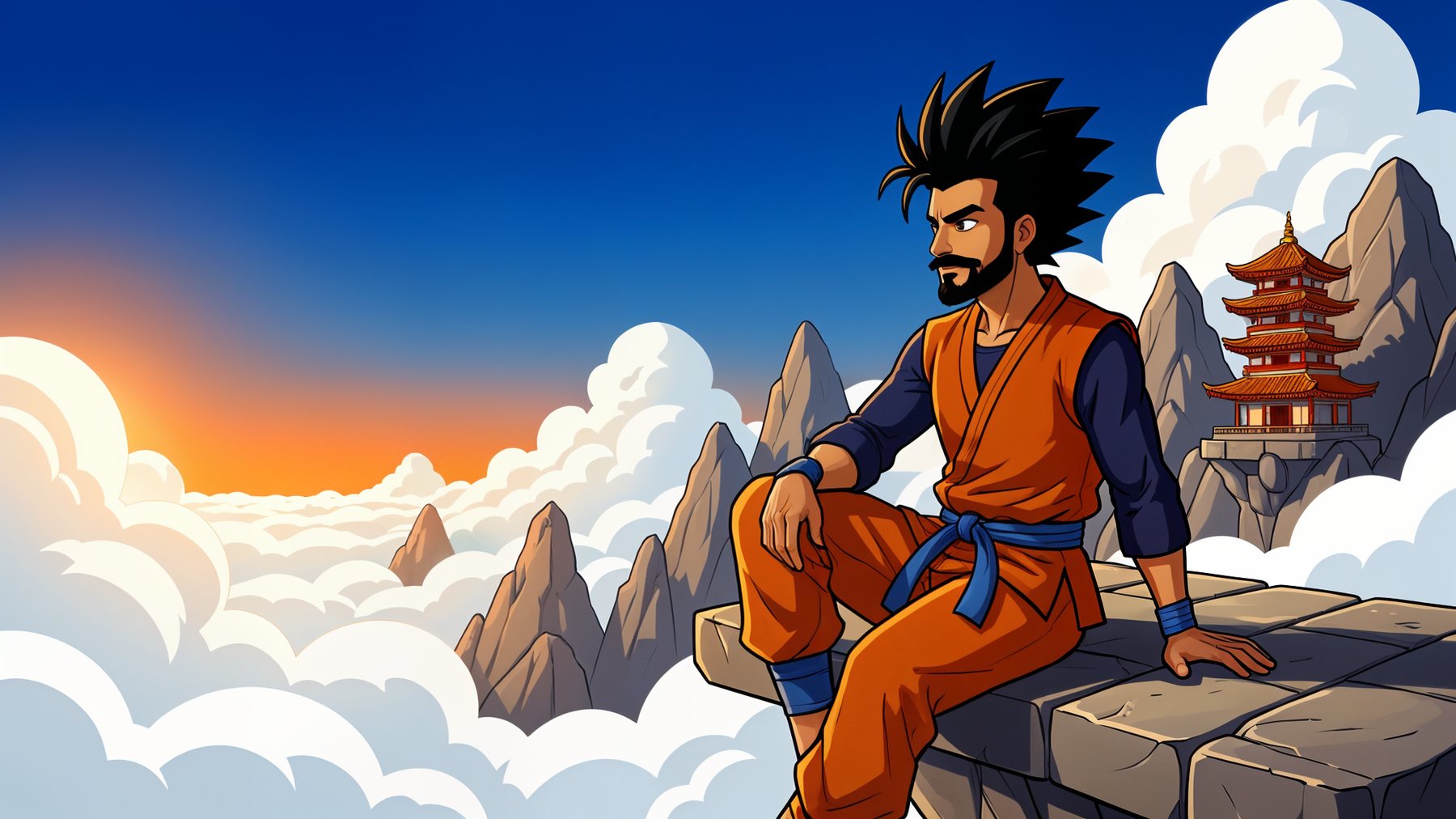 Raj Goku sitting on a lookout above the clouds