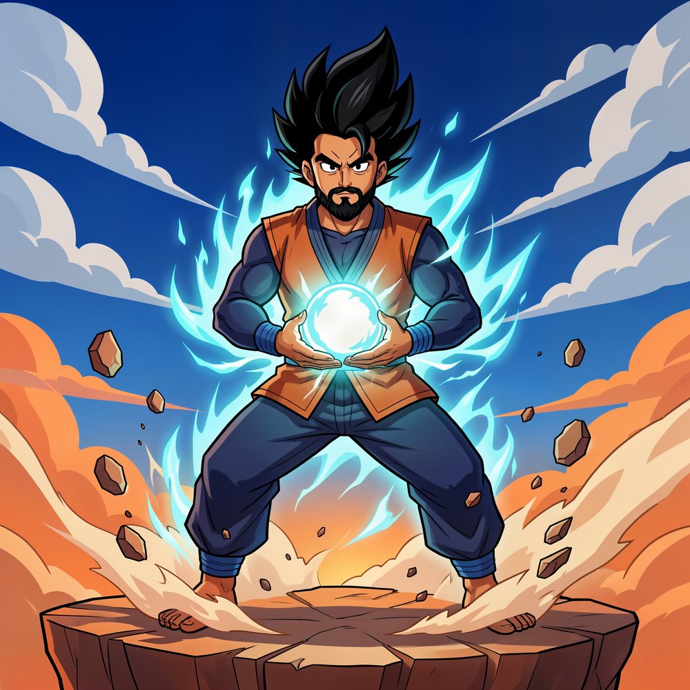 Raj Goku charging a glowing energy sphere