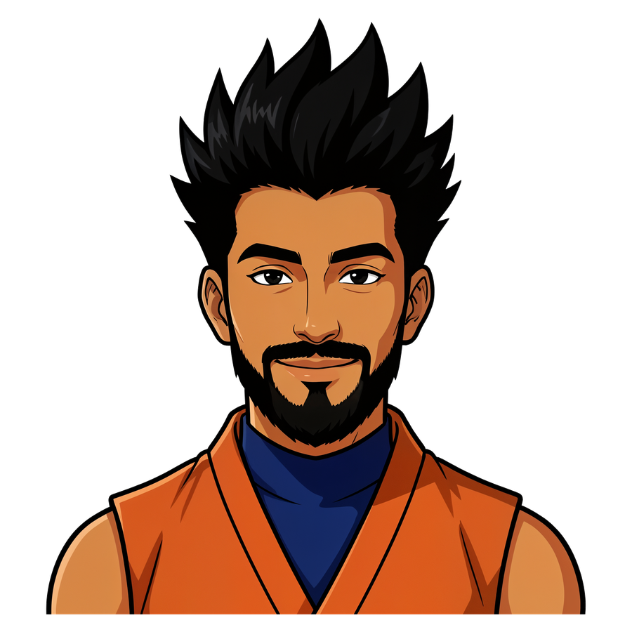 Raj Goku, spiky black hair and an orange gi
