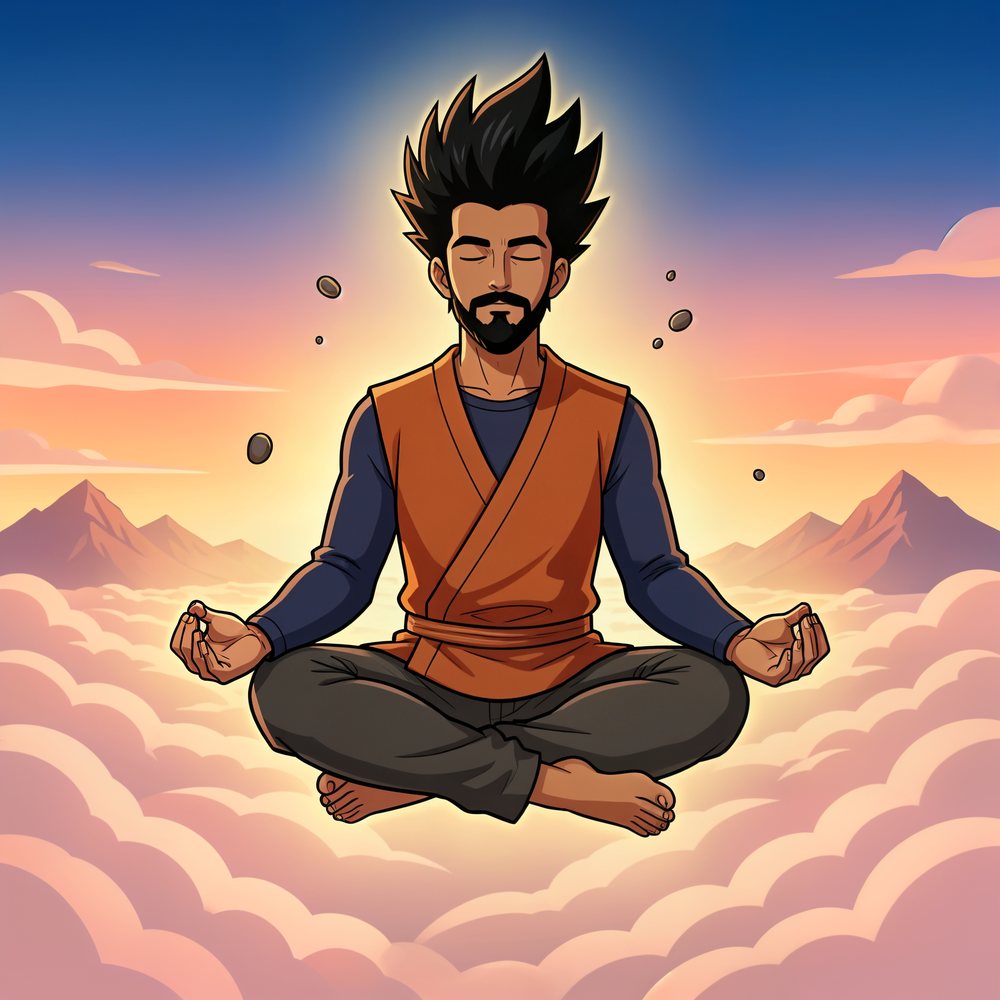 Raj Goku meditating above a sea of clouds at sunrise